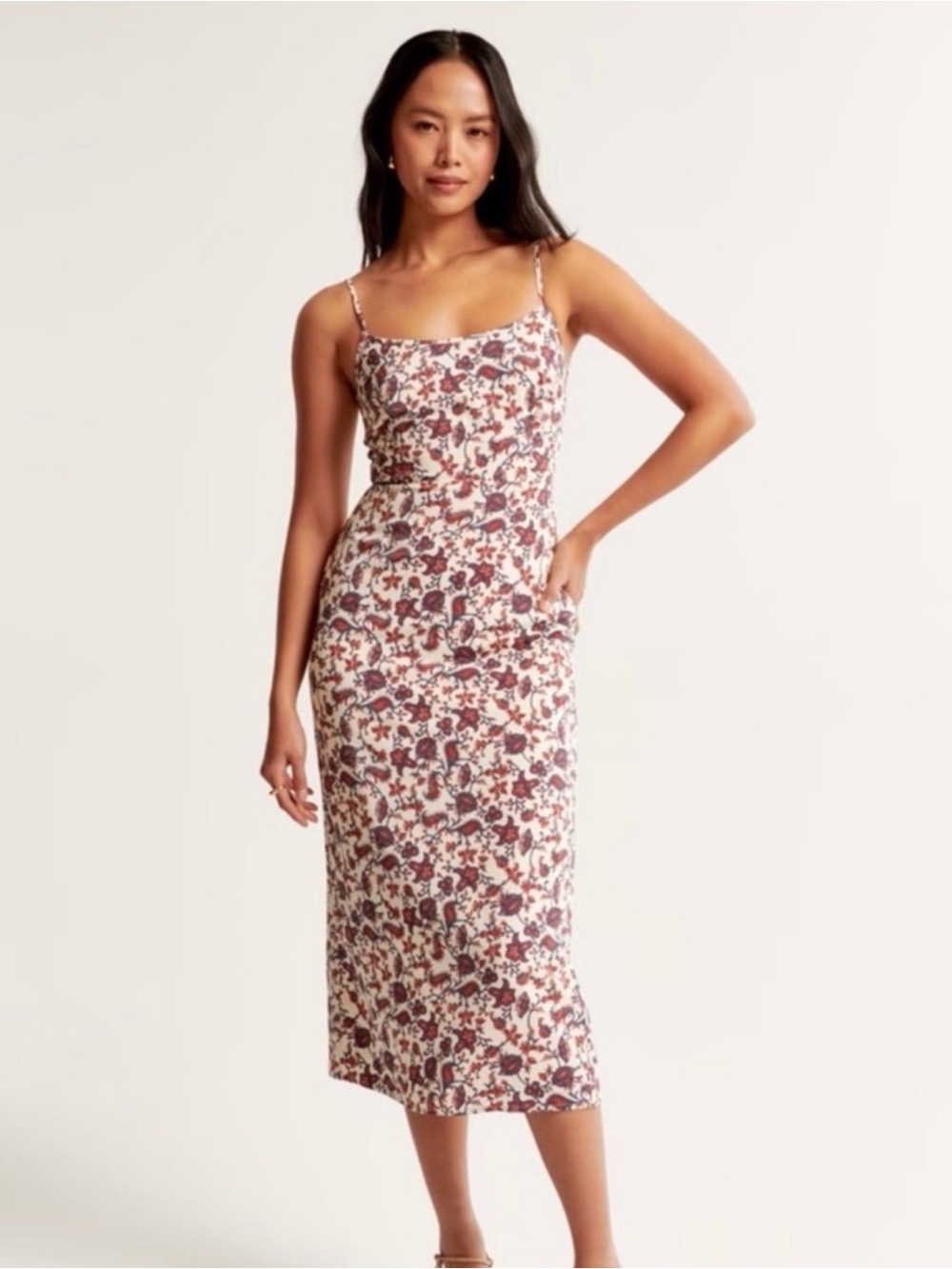 Abercrombie & Fitch Cream Midi Slip Dress with Burgundy Floral Print